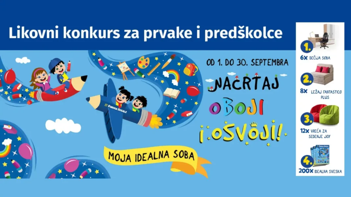 Forma Ideale dečiji likovni konkurs sa ilustrativnim vizualom, bojicama i nagradama