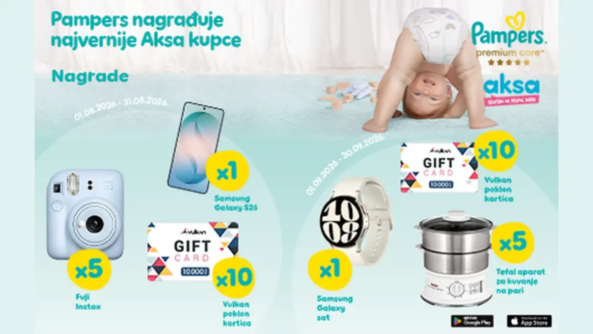 Pampers i Aksa nagradna igra sa promotivnom slikom Pampers proizvoda za bebe